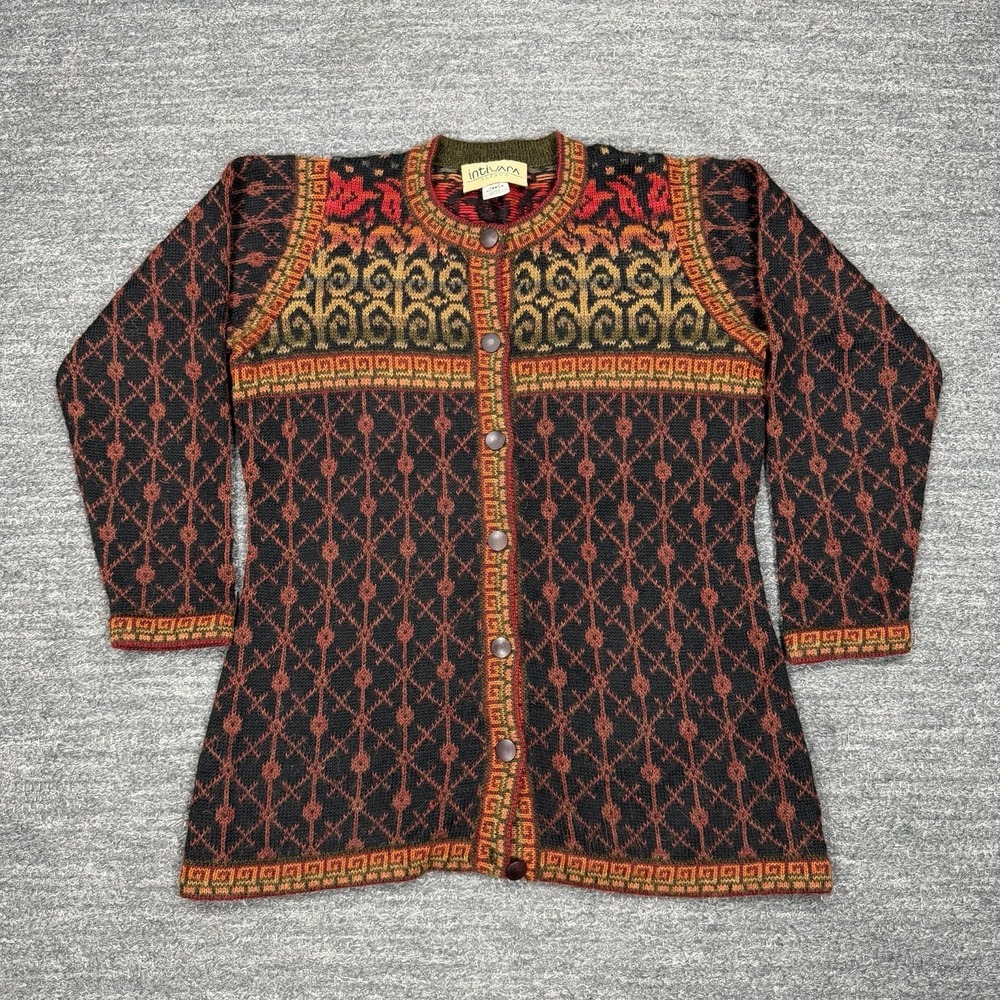 Intiwara Alpaca Cardigan Sweater Women Medium Geometric Knit Bolivia Soft Artsy